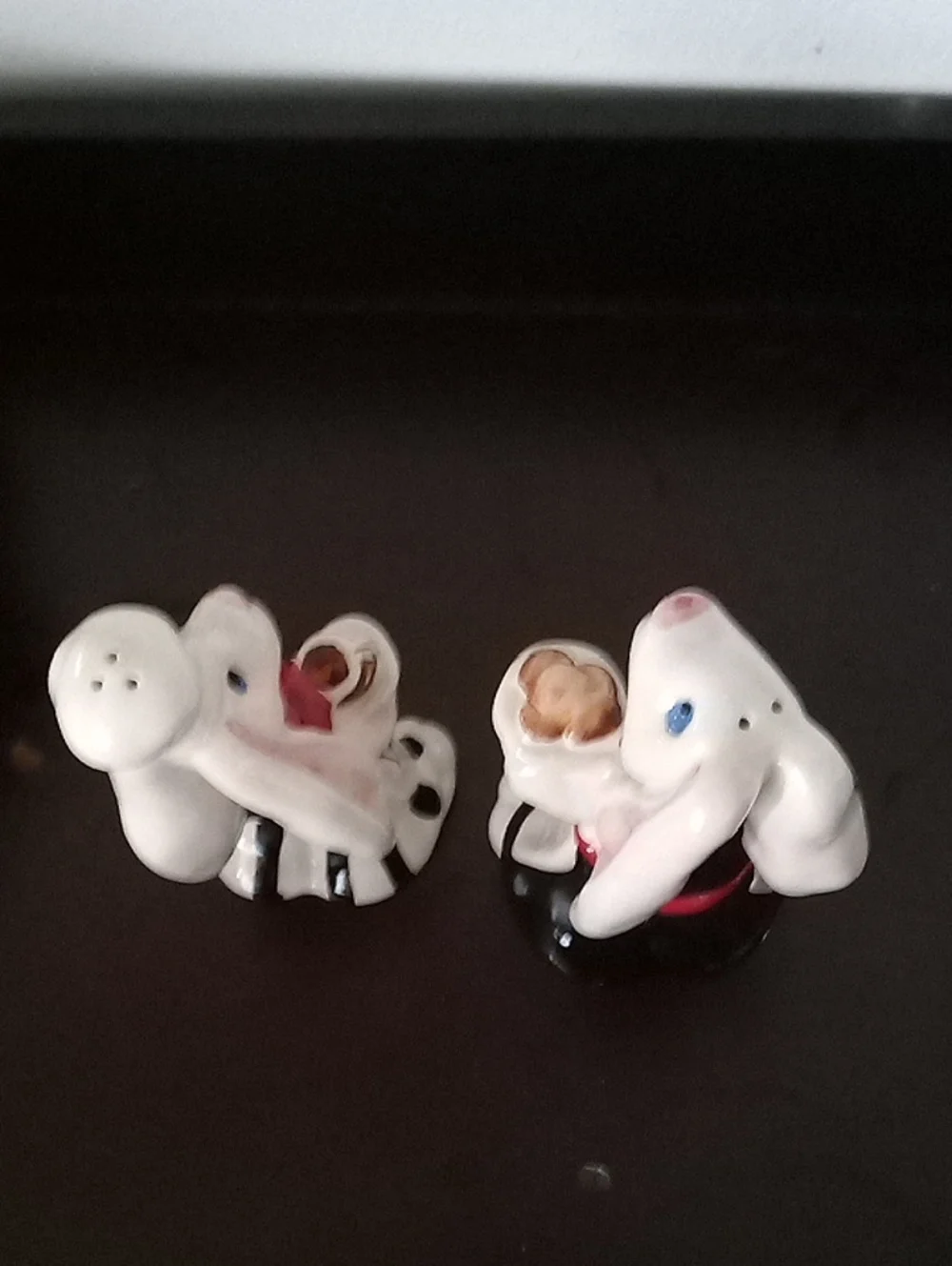 White Ceramic Bunny Salt and Pepper Shaker Set with Red Accents
